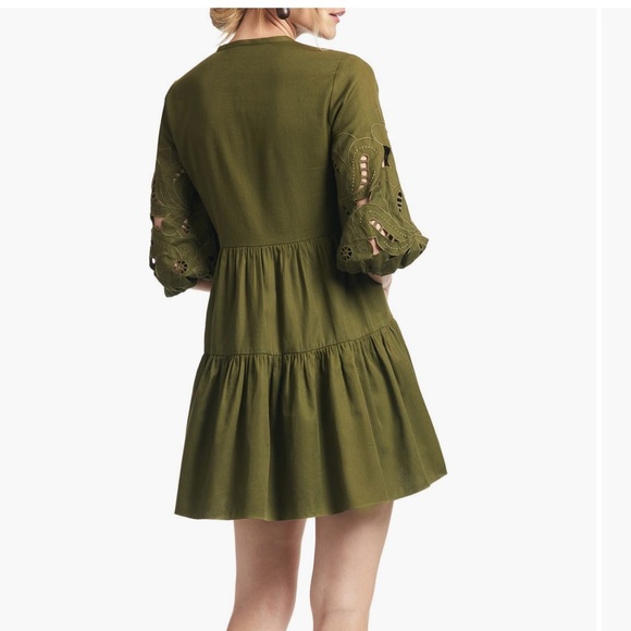NWT Sachin and Babi Kendall Twill Dress Olive Green Flounce Mini Smocked Eyelet - Picture 5 of 5